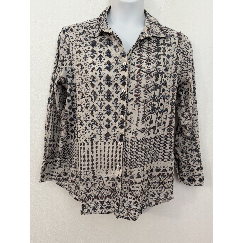Caffe Marrakesh Blouse Top Womens L Button Up Boho Aztec Western Roll Tab EUC